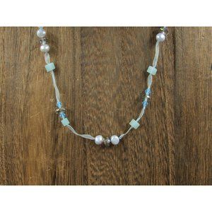 16" Sterling Silver & Cloth Real Pearl Crystal And Quartz Necklace Vintage